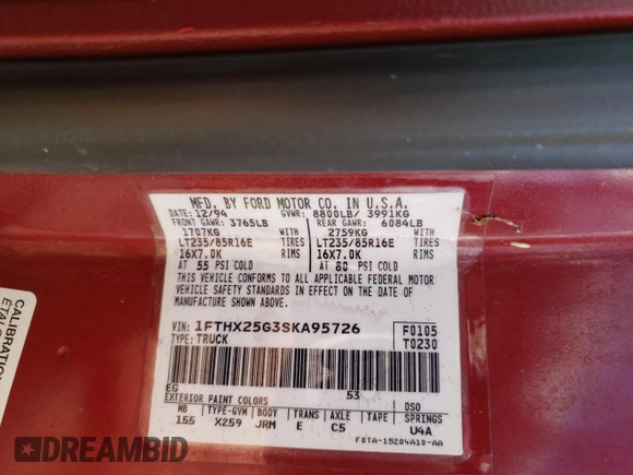 1995 Ford F-250 z VIN 1FTHX25G3SKA95726, wystawiony jako Copart lot #71812654 z przebiegiem 83 713 mil mil oraz Szkoda całkowita • Salvage title. Historia ofert i sprzedaży dostępna na DreamBid. Obrazek 12.