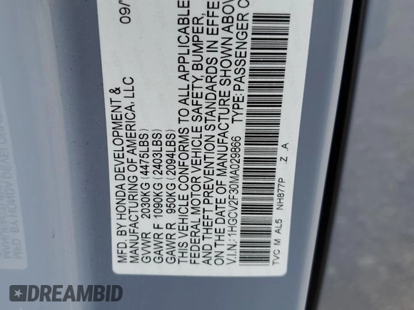 2021 Honda Accord Sport with VIN 1HGCV2F30MA029866, listed as a Copart auction lot 58736855 with 28,216 mi miles and Salvage title. Bid and sale history available at DreamBid. Image 12.