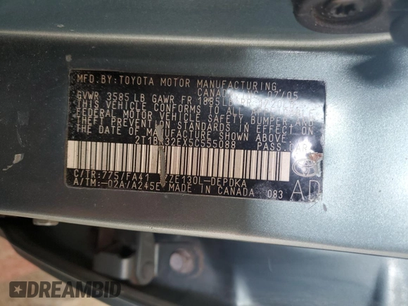 2005 Toyota Corolla CE с VIN 2T1BR32EX5C555088, выставлен на аукционе Copart как лот 61048485 с пробегом 222 554 миль миль и Чистый • Clean title. История ставок и продаж доступна на DreamBid. Изображение 12.