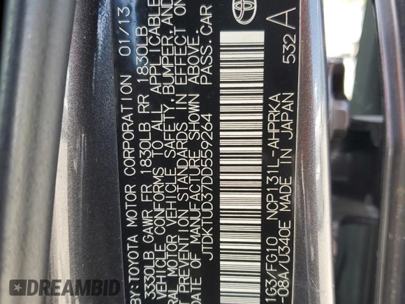 2013 Toyota Yaris L with VIN JTDKTUD37DD559264, listed as a Copart auction lot 56014625 with 179,321 mi miles and Salvage Title. Bid and sale history available at DreamBid. Image 12.