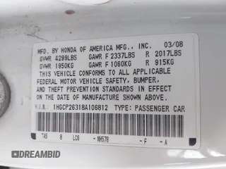 2008 Honda Accord LX z VIN 1HGCP26318A106812, wystawiony jako IAAI lot #41741788 z przebiegiem 117 140 mil mil oraz . Historia ofert i sprzedaży dostępna na DreamBid. Obrazek 9.