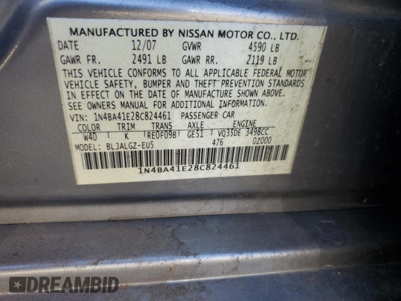 2008 Nissan Maxima 3.5 SL with VIN 1N4BA41E28C824461, listed as a Copart auction lot 50382955 with 263,678 mi miles and Salvage Title. Bid and sale history available at carsss.com. Image 13.