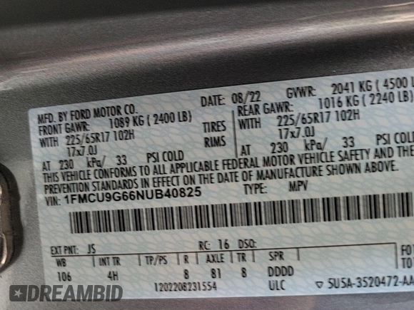 2022 Ford Escape SE с VIN 1FMCU9G66NUB40825, выставлен на аукционе IAAI как лот 42733892 с пробегом 35 913 миль миль и . История ставок и продаж доступна на DreamBid. Изображение 12.
