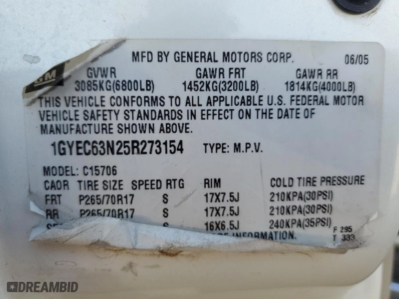 2005 Cadillac Escalade with VIN 1GYEC63N25R273154, listed as a Copart auction lot 45037765 with 0 mi miles and Non Repairable. Bid and sale history available at carsss.com. Image 13.