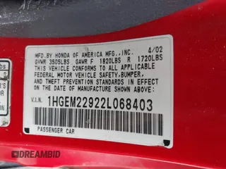 2002 Honda Civic EX with VIN 1HGEM22922L068403, listed as a IAAI auction lot 42101321 with 255,605 mi miles. Bid and sale history available at carsss.com. Image 9.