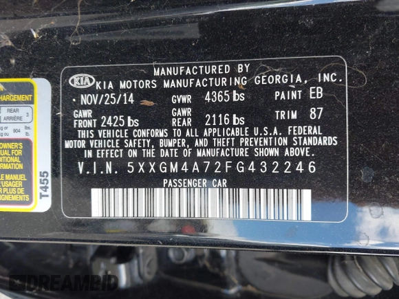 2015 Kia Optima LX with VIN 5XXGM4A72FG432246, listed as a IAAI auction lot 42047406 with Not Provided miles and . Bid and sale history available at DreamBid. Image 9.