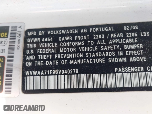 2008 Volkswagen Eos Turbo with VIN WVWAA71F98V040279, listed as a IAAI auction lot 42211570 with 138,453 mi miles and . Bid and sale history available at DreamBid. Image 9.