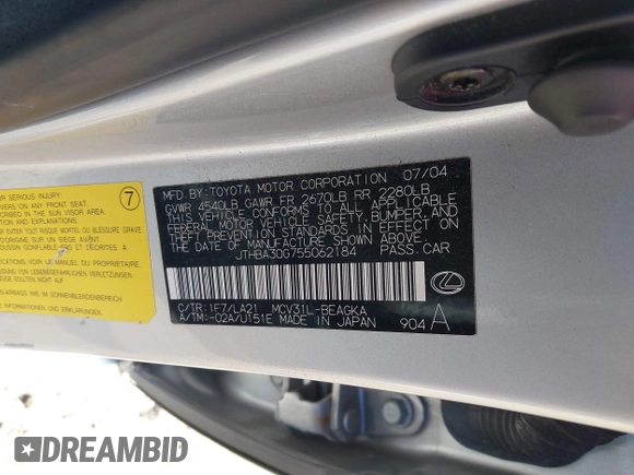 2005 Lexus ES 350 с VIN JTHBA30G755062184, выставлен на аукционе IAAI как лот 41856497 с пробегом 160 060 миль миль и . История ставок и продаж доступна на DreamBid. Изображение 9.