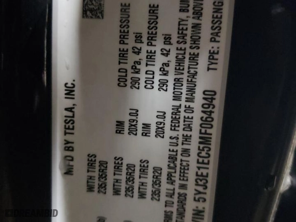 2021 Tesla Model 3 Performance with VIN 5YJ3E1EC5MF064940, listed as a Copart auction lot 84596624 with 22,894 mi miles and Salvage Title. Bid and sale history available at carsss.com. Image 13.