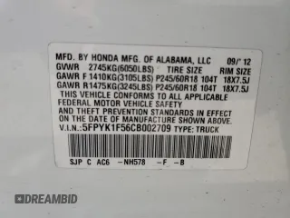 2012 Honda Ridgeline RTL with VIN 5FPYK1F56CB002709, listed as a Copart auction lot 62642495 with 116,416 mi miles and Salvage title. Bid and sale history available at DreamBid. Image 12.