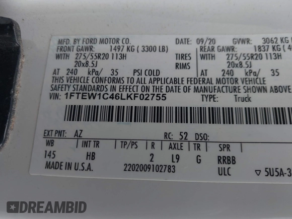2020 Ford F-150 XL with VIN 1FTEW1C46LKF02755, listed as a IAAI auction lot 41513506 with 136,888 mi miles and . Bid and sale history available at DreamBid. Image 9.