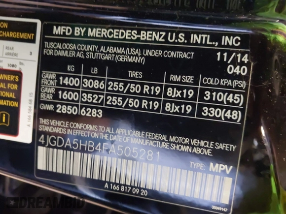2015 Mercedes-Benz M 350 z VIN 4JGDA5HB4FA505281, wystawiony jako IAAI lot #42140875 z przebiegiem 117 948 mil mil oraz . Historia ofert i sprzedaży dostępna na DreamBid. Obrazek 9.