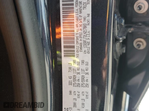 2020 Ram 1500 Laramie z VIN 1C6SRFJT2LN217803, wystawiony jako Copart lot #61390795 z przebiegiem 82 172 mil mil oraz Szkoda całkowita • Salvage title. Historia ofert i sprzedaży dostępna na DreamBid. Obrazek 12.