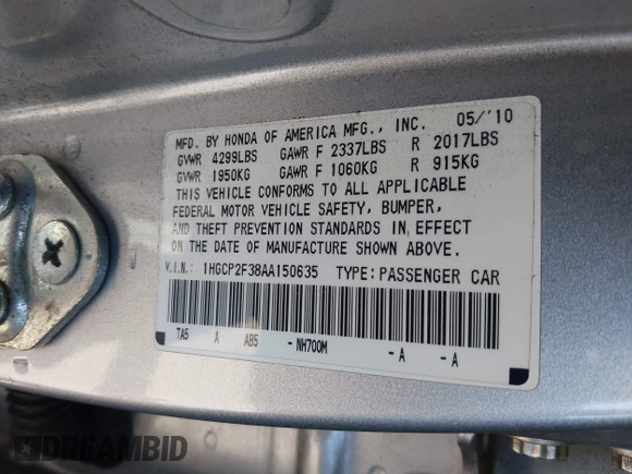 2010 Honda Accord LX with VIN 1HGCP2F38AA150635, listed as a IAAI auction lot 42392493 with 156,253 mi miles and . Bid and sale history available at DreamBid. Image 9.