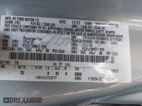 2013 Ford Focus Electric z VIN 1FADP3R49DL217920, wystawiony jako IAAI lot #41875577 z przebiegiem 83 866 mil mil oraz . Historia ofert i sprzedaży dostępna na DreamBid. Obrazek 9.