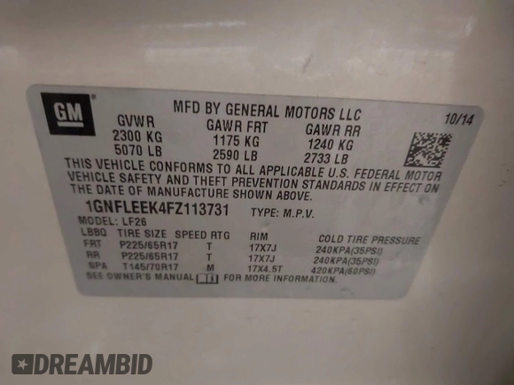 2015 Chevrolet Equinox LS with VIN 1GNFLEEK4FZ113731, listed as a IAAI auction lot 41989993 with 115,186 mi miles and . Bid and sale history available at carsss.com. Image 9.