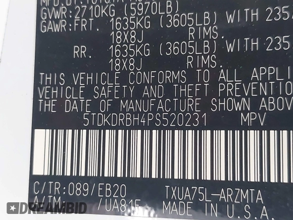 2023 Toyota Highlander L z VIN 5TDKDRBH4PS520231, wystawiony jako IAAI lot #42209363 z przebiegiem 21 312 mil mil oraz . Historia ofert i sprzedaży dostępna na DreamBid. Obrazek 9.