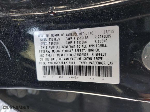 2015 Honda Accord Sedan Sport with VIN 1HGCR2F59FA232019, listed as a Copart auction lot 50682635 with 135,465 mi miles and Salvage Title. Bid and sale history available at carsss.com. Image 14.