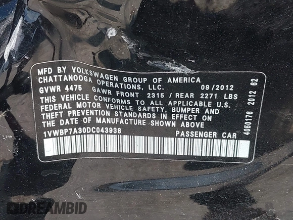 2013 Volkswagen Passat SE with VIN 1VWBP7A30DC043938, listed as a IAAI auction lot 42411446 with 84,822 mi miles and . Bid and sale history available at DreamBid. Image 9.