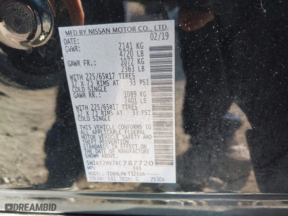 2019 Nissan Rogue SV with VIN 5N1AT2MV7KC787720, listed as a IAAI auction lot 40716636 with 36,518 mi miles. Bid and sale history available at carsss.com. Image 9.