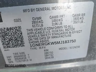 2021 Chevrolet Traverse LT Cloth with VIN 1GNERGKW5MJ183750, listed as a IAAI auction lot 41833143 with 38,685 mi miles. Bid and sale history available at carsss.com. Image 9.