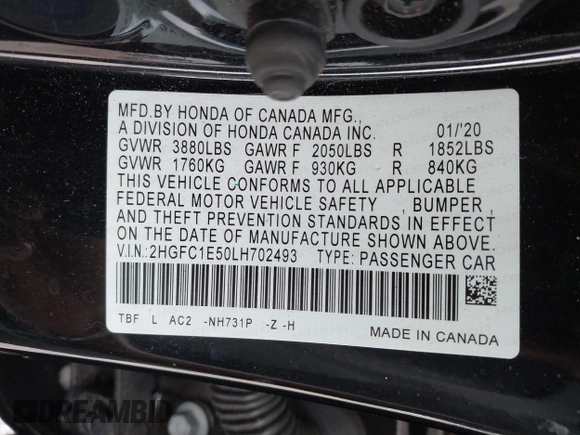 2020 Honda Civic Si with VIN 2HGFC1E50LH702493, listed as a IAAI auction lot 40609245 with 62,660 mi miles and . Bid and sale history available at DreamBid. Image 9.