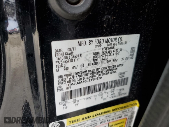2012 Ford Expedition Limited z VIN 1FMJU2A56CEF00620, wystawiony jako Copart lot #53953745 z przebiegiem 119 327 mil mil oraz Szkoda całkowita • Salvage title. Historia ofert i sprzedaży dostępna na DreamBid. Obrazek 12.