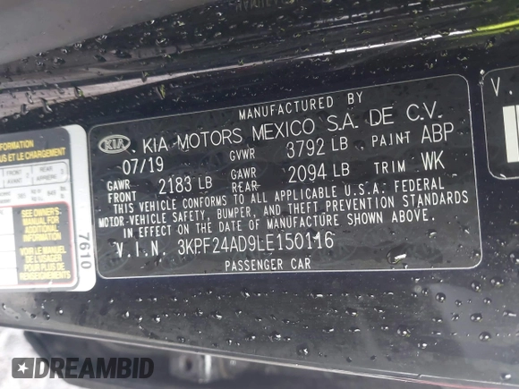 2020 Kia Forte LXS z VIN 3KPF24AD9LE150116, wystawiony jako IAAI lot #41548575 z przebiegiem 113 172 mil mil oraz . Historia ofert i sprzedaży dostępna na DreamBid. Obrazek 9.