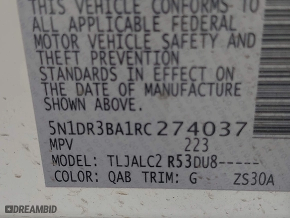 2024 Nissan Pathfinder SV with VIN 5N1DR3BA1RC274037, listed as a IAAI auction lot 41795475 with 40,079 mi miles. Bid and sale history available at carsss.com. Image 9.