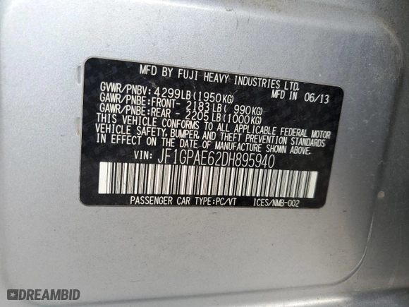 2013 Subaru Impreza Wagon 2.0i Premium with VIN JF1GPAE62DH895940, listed as a Copart auction lot 41030764 with NaN miles and Salvage Title. Bid and sale history available at carsss.com. Image 12.