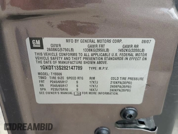 2008 GMC Envoy SLE2 with VIN 1GKDT13S282147789, listed as a Copart auction lot 71950924 with 72,067 mi miles and Salvage Title. Bid and sale history available at DreamBid. Image 13.