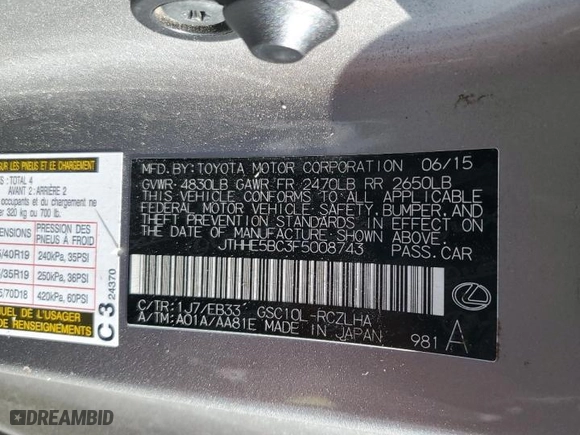 2015 Lexus RC 350 with VIN JTHHE5BC3F5008743, listed as a Copart auction lot 79248364 with 137,648 mi miles and Salvage Title. Bid and sale history available at carsss.com. Image 14.