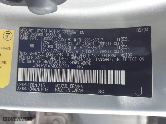 2004 Toyota Highlander with VIN JTEDP21A740036530, listed as a IAAI auction lot 41755851 with 184,088 mi miles. Bid and sale history available at carsss.com. Image 9.