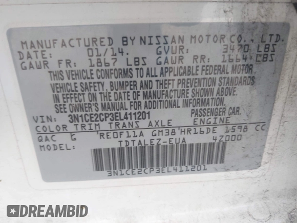 2014 Nissan Note S with VIN 3N1CE2CP3EL411201, listed as a IAAI auction lot 42661992 with 164,221 mi miles and . Bid and sale history available at DreamBid. Image 9.