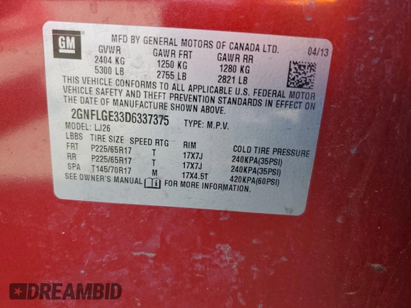 2013 Chevrolet Equinox LTZ with VIN 2GNFLGE33D6337375, listed as a Copart auction lot 52931175 with 107,371 mi miles and Salvage Title. Bid and sale history available at carsss.com. Image 13.