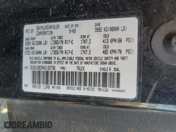 2004 Dodge 2500 SLT z VIN 3D3KU28D94G122736, wystawiony jako Copart lot #75516614 z przebiegiem 182 603 mil mil oraz Szkoda całkowita • Salvage title. Historia ofert i sprzedaży dostępna na DreamBid. Obrazek 13.