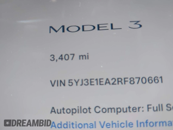 2024 Tesla Model 3 with VIN 5YJ3E1EA2RF870661, listed as a IAAI auction lot 41562281 with 3,407 mi miles. Bid and sale history available at carsss.com. Image 7.