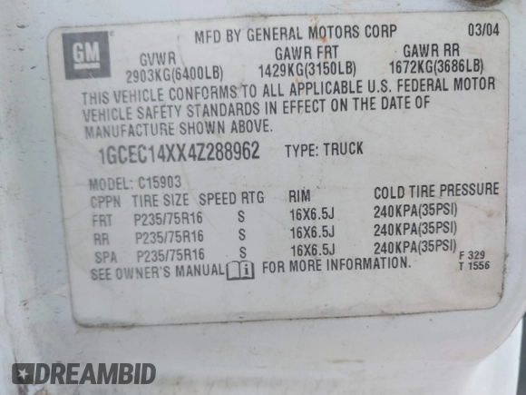 2004 Chevrolet Silverado 1500 Work Truck with VIN 1GCEC14XX4Z288962, listed as a IAAI auction lot 41030729 with 320,541 mi miles. Bid and sale history available at carsss.com. Image 9.