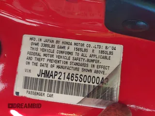 2005 Honda S2000 z VIN JHMAP21465S000043, wystawiony jako IAAI lot #42239018 z przebiegiem 165 466 mil mil oraz . Historia ofert i sprzedaży dostępna na DreamBid. Obrazek 9.