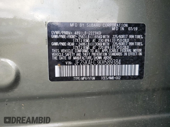 2019 Subaru Forester Premium with VIN JF2SKAEC3KH589384, listed as a Copart auction lot 44437115 with 40,697 mi miles and Salvage Title. Bid and sale history available at carsss.com. Image 15.