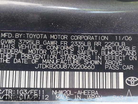 2007 Toyota Prius with VIN JTDKB20U873220660, listed as a IAAI auction lot 42012077 with 177,519 mi miles. Bid and sale history available at carsss.com. Image 9.