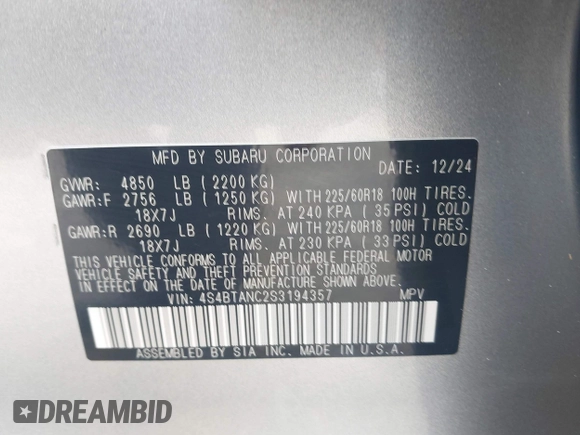 2025 Subaru Outback Limited with VIN 4S4BTANC2S3194357, listed as a IAAI auction lot 42367224 with 973 mi miles and . Bid and sale history available at DreamBid. Image 9.