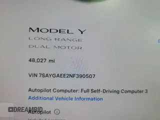 2022 Tesla Model Y Long Range with VIN 7SAYGAEE2NF390507, listed as a Copart auction lot 50986965 with 48,027 mi miles and Non Repairable. Bid and sale history available at DreamBid. Image 9.