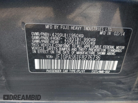 2014 Subaru Impreza Special Sports Limited with VIN JF1GPAS61E8276736, listed as a IAAI auction lot 42700344 with 149,089 mi miles and . Bid and sale history available at DreamBid. Image 9.