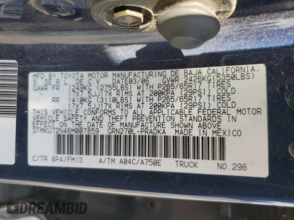 2006 Toyota Tacoma PreRunner с VIN 3TMKU72N46M007859, выставлен на аукционе Copart как лот 59870935 с пробегом 266 251 миль миль и Списание • Salvage title. История ставок и продаж доступна на DreamBid. Изображение 12.