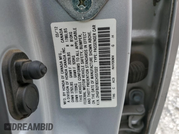 2012 Honda Civic EX with VIN 2HGFB2F80CH557022, listed as a Copart auction lot 54429535 with 189,345 mi miles and Clean Title. Bid and sale history available at DreamBid. Image 12.