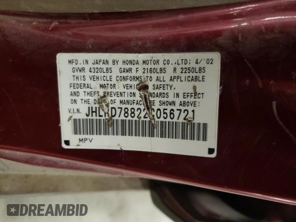 2002 Honda CR-V EX z VIN JHLRD78822C056721, wystawiony jako Copart lot #50784425 z przebiegiem Nie podano mil oraz Nie do naprawy • Non repairable. Historia ofert i sprzedaży dostępna na DreamBid. Obrazek 13.