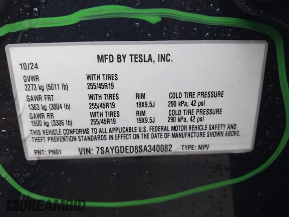 2025 Tesla Model Y Long Range with VIN 7SAYGDED8SA340082, listed as a IAAI auction lot 41915369 with 7,296 mi miles and . Bid and sale history available at DreamBid. Image 9.