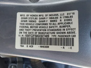 2016 Honda Civic Sedan LX with VIN 19XFC2F50GE027409, listed as a IAAI auction lot 41678211 with 116,498 mi miles. Bid and sale history available at carsss.com. Image 9.