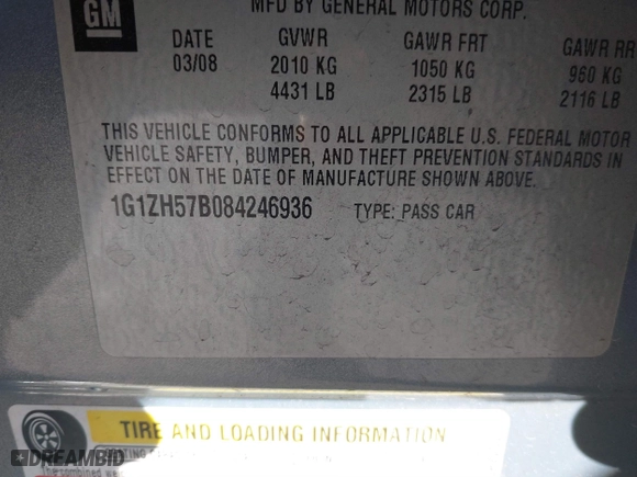 2008 Chevrolet Malibu LT w/1LT with VIN 1G1ZH57B084246936, listed as a IAAI auction lot 41746325 with 197,878 mi miles. Bid and sale history available at carsss.com. Image 9.